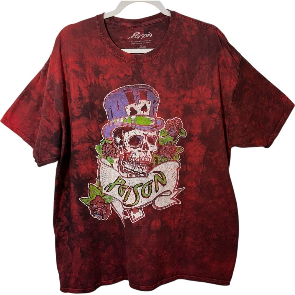 Poison 2017 Skull Top Hat Band Tee Mens XL Red Tie Dye Rock Graphic Tour Shirt